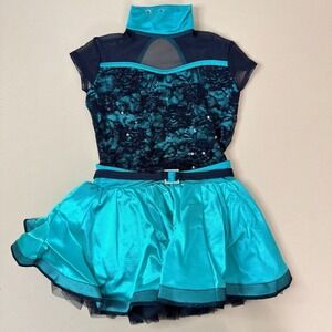 Weissman Teal Sequin Lace Dance Costume IC 7/8 + Headpiece